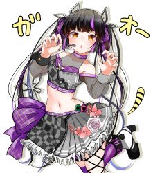Rule 34 | 1girl, alternate costume, badge, bare shoulders, black footwear, black hair, black ribbon, blunt bangs, blush, bow, breasts, button badge, checkered clothes, checkered skirt, claw pose, cleavage, commentary request, crop top, dameyoshi, demon girl, demon horns, demon tail, flower, foot out of frame, frilled skirt, frills, grey shirt, grey skirt, hair bow, headset, heart, high heels, highres, horns, jewelry, kojo anna, large bow, leg ribbon, long hair, long sleeves, looking at viewer, medium breasts, midriff, multicolored hair, nanashi inc., navel, open mouth, pink flower, plaid, plaid bow, plaid legwear, pointy ears, purple bow, purple hair, purple thighhighs, ribbon, ring, rose, russian text, see-through, see-through cleavage, shirt, simple background, single thighhigh, skirt, solo, star (symbol), sugar lyric, tail, thighhighs, twintails, two-tone footwear, two-tone hair, virtual youtuber, white background, white footwear, yellow eyes