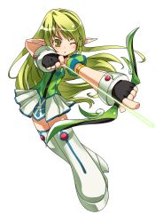 Rule 34 | 1girl, armlet, blush, boots, bow (weapon), dress, elsword, full body, green eyes, green hair, highres, long hair, matching hair/eyes, official art, one eye closed, pointy ears, ranger (elsword), rena erindel, ress, skirt, solo, thigh boots, thighhighs, transparent background, weapon, white background, white dress, white skirt, white thighhighs, wink