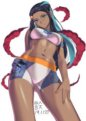 Rule 34 | 1girl, absurdres, armlet, bare shoulders, bike shorts, black hair, blue eyes, blue gloves, blue hair, breasts, clothes writing, cloud, contrapposto, creatures (company), crop top, dark-skinned female, dark skin, dated, dynamax, earrings, from below, game freak, giant, giantess, gigantamax, gloves, gluteal fold, gym leader, hand on own hip, hand on own thigh, head tilt, highres, hoop earrings, jewelry, long hair, looking at viewer, looking down, medium breasts, multicolored hair, navel, necklace, nessa (pokemon), nintendo, parted lips, partially fingerless gloves, pokemon, pokemon swsh, smile, solo, stomach, thighs, two-tone hair, very long hair, zzalsu