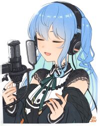 Rule 34 | 1girl, absurdres, blouse, blue hair, breasts, closed eyes, collared shirt, commentary, english commentary, fingernails, headphones, highres, hololive, hoshimachi suisei, hoshimachi suisei (streetwear), jacket, jewelry, lace, light blue hair, long hair, microphone, music, neck ribbon, off shoulder, open clothes, open jacket, open mouth, ribbon, ring, rojen, shirt, short sleeves, side ponytail, simple background, singing, small breasts, solo, virtual youtuber, white background