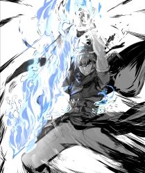 Rule 34 | 1boy, blue eyes, blue fire, cape, cape lift, clothes lift, fire, fire emblem, fire emblem: path of radiance, flaming sword, flaming weapon, frown, greyscale, headband, highres, ike (fire emblem), looking at viewer, male focus, monochrome, muscular, muscular male, nintendo, pants, shirt lift, solo, spiked hair, teeth, weapon, yourfreakyneighbourh