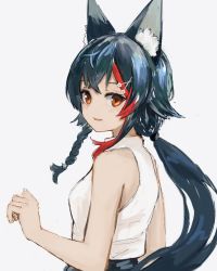 Rule 34 | 1girl, animal ear fluff, animal ears, bare shoulders, black hair, blush, braid, commentary request, grey background, hair ornament, hairclip, highres, hololive, long hair, looking at viewer, multicolored hair, ookami mio, ookami mio (street), orange eyes, polca38885403, red hair, shirt, sleeveless, sleeveless shirt, solo, star (symbol), star hair ornament, streaked hair, upper body, virtual youtuber, white shirt, wolf ears