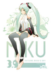 Rule 34 | 1girl, 39, anklet, arm support, barefoot, bridal gauntlets, character name, feet, green eyes, green hair, hatsune miku, hatsune miku (append), jewelry, long hair, matching hair/eyes, necktie, sitting, solo, thighhighs, toeless legwear, toes, twintails, usco, very long hair, vocaloid, vocaloid append