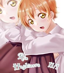 Rule 34 | 1girl, artist name, artist request, black skirt, breasts, brown legwear, close-up, collared shirt, elbow on knee, female focus, green eyes, hair between eyes, highres, hoshizora rin, long sleeves, looking at viewer, love live!, love live! school idol project, miniskirt, orange hair, parted lips, plaid, plaid skirt, pleated, pleated skirt, shirt, short hair, sitting, skirt, smile, solo, white background, white shirt, yellow eyes