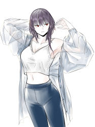 Rule 34 | 1girl, arms behind head, blue pants, breasts, closed mouth, collarbone, feet out of frame, girls&#039; frontline, highres, jacket, long hair, looking away, medium breasts, navel, open clothes, open jacket, pants, purple hair, red eyes, shirt, solo, standing, stigmamyu, wa2000 (girls&#039; frontline), white background, white jacket, white shirt