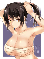 Rule 34 | 10s, 1girl, adjusting hair, armpits, arms up, bare shoulders, breasts, brown hair, character name, cleavage, collarbone, highres, kaga (kancolle), kantai collection, kd, large breasts, mouth hold, sarashi, short hair, solo, sweat, tsurime, upper body, yellow eyes