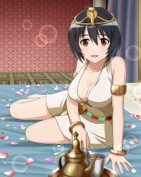 Rule 34 | 1girl, alternate costume, artist request, black hair, blush, brave witches, breasts, cleavage, collarbone, egyptian clothes, indoors, large breasts, looking at viewer, official art, on bed, open mouth, red eyes, shimohara sadako, shiny skin, short hair, smile, solo, tea set, world witches series