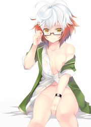 Rule 34 | 1girl, adjusting eyewear, bad id, bad pixiv id, bespectacled, bottomless, breasts, collarbone, female focus, glasses, jacket, multicolored hair, naked shirt, navel, nipple slip, nipples, no bra, no panties, no pants, off shoulder, official alternate costume, ootani mikoto, open clothes, open jacket, open shirt, orange eyes, pascal (tales), red hair, semi-rimless eyewear, shirt, short hair, simple background, sitting, sleeves rolled up, small breasts, smile, solo, tales of (series), tales of graces, two-tone hair, unbuttoned, watch, white background, white hair, wristwatch, yellow eyes