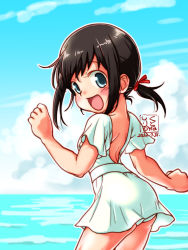 Rule 34 | 1girl, artist logo, ass, backless outfit, black hair, blue eyes, blue sky, casual one-piece swimsuit, cloud, commentary request, cowboy shot, dated, day, frilled swimsuit, frills, from behind, fubuki (kancolle), horizon, kantai collection, kutone shirika, long hair, low ponytail, ocean, one-piece swimsuit, outdoors, ponytail, short ponytail, sidelocks, sky, smile, solo, standing, swimsuit, swimsuit skirt, white one-piece swimsuit