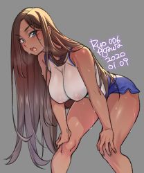 Rule 34 | 1girl, agawa ryou, artist name, bent over, blue eyes, blue shorts, blush, breasts, brown hair, commentary, dark skin, dark-skinned female, dated, english commentary, grey background, hair over shoulder, hands on own knees, hanging breasts, heavy breathing, hot, impossible clothes, impossible shirt, large breasts, long hair, looking at viewer, nipples, no bra, open mouth, original, see-through, shirt, short shorts, shorts, sleeveless, solo, sportswear, sweat, tank top, very long hair, wet, wet clothes, wet shirt