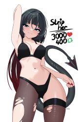 1girl absurdres animal_ears aqua_eyes arm_up bare_shoulders black_bra black_hair black_panties black_pantyhose black_thighhighs bra breasts closed_mouth collarbone cowboy_shot detached_sleeves highres jane_doe_(zenless_zone_zero) like_and_retweet long_hair looking_at_viewer medium_breasts meme mouse_ears mouse_girl mouse_tail multicolored_hair navel panties pantyhose red_hair simple_background single_leg_pantyhose single_thighhigh solo stomach tail thighhighs torn_clothes torn_pantyhose torn_thighhighs twitter_strip_game_(meme) two-tone_hair underwear white_background x_xith_x zenless_zone_zero