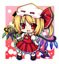 Rule 34 | 1girl, blonde hair, chibi, colorized, dress, fang, female focus, flandre scarlet, hat, laevatein, open mouth, red dress, red eyes, side ponytail, solo, embodiment of scarlet devil, touhou, wings, yuumi kaname