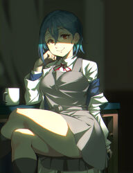 Rule 34 | 1girl, black socks, blazer, blue hair, blue jacket, blush, breasts, buttons, closed mouth, collared shirt, commentary, crossed bangs, crossed legs, cup, dress, dress shirt, earrings, grey dress, hair behind ear, hair between eyes, highres, indoors, jacket, jewelry, lab coat, long sleeves, looking at viewer, love live!, love live! superstar!!, medium breasts, mug, neck ribbon, on stool, open clothes, open jacket, pinafore dress, red eyes, red ribbon, ribbon, school uniform, shirt, short dress, short hair, sitting, sleeveless, sleeveless dress, smile, socks, solo, stool, string tie, table, toadsterz, wakana shiki, white shirt, yuigaoka school uniform