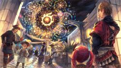 Rule 34 | 4girls, 5boys, aerial fireworks, artist name, barrel, belt, belt pouch, brown gloves, brown hair, brown vest, building, celebration, city, copyright name, copyright notice, earrings, facing away, final fantasy, final fantasy xiv, fingerless gloves, fireworks, gloves, hand on own hip, hand up, hat, hat feather, highres, hyur, jacket, jewelry, knee pads, lalafell, logo, miqo&#039;te, multiple boys, multiple girls, night, night sky, official art, okamoto koudai, open mouth, outdoors, pants, parted lips, plant, pointy ears, pouch, red gloves, red hair, red headwear, red jacket, red pants, short hair, signature, sky, smile, standing, tassel, twintails, vest, wandering minstrel, warrior of light (ff14), window