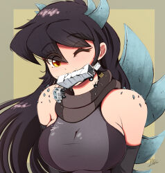 Rule 34 | 1girl, biting, black hair, breasts, brown eyes, giant, giantess, godzilla (series), kaijuu, large breasts, long hair, monster girl, motor vehicle, mouth hold, one eye closed, personification, raps (yohomeboyraps), size difference, solo focus, truck, turtleneck, zilla