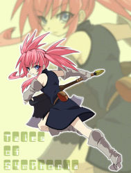 Rule 34 | 00s, 1girl, axe, boots, copyright name, elbow gloves, gloves, knee boots, pink hair, presea combatir, solo, tales of (series), tales of symphonia, twintails, warrior, weapon, zoom layer