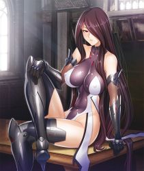 Rule 34 | 1girl, arm support, armor, black footwear, boots, breasts, brown hair, choker, collarbone, covered erect nipples, covered navel, crossed legs, cyborg, desk, fishnets, fuuma saika, game cg, gem, gloves, hair over one eye, hand on leg, high heels, highleg, highres, hip focus, impossible clothes, impossible leotard, large breasts, legs, leotard, light particles, lilith-soft, lipstick, long hair, makeup, mechanical parts, mole, no bra, on desk, open mouth, painting (action), red eyes, shiny clothes, shiny skin, sitting, on desk, skin tight, solo, table, tagme, taimanin (series), taimanin asagi, taimanin rpgx, wooden floor, wooden table, zol