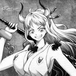 Rule 34 | 1girl, bare shoulders, breasts, chain, cleavage, dated, eyelashes, greyscale, holding, holding sword, holding weapon, horns, large breasts, long hair, looking at viewer, monochrome, one piece, royboy, sideboob, signature, sleeveless, smile, solo, sword, teeth, upper body, weapon, yamato (one piece)