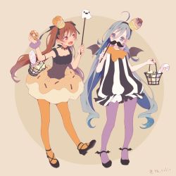 Rule 34 | 10s, 2girls, :d, ahoge, ankle wings, basket, bat wings, black footwear, blue hair, brown background, brown eyes, brown hair, candy, candy cane, colis, cupcake, doughnut, dress, fake facial hair, fake mustache, food, food-themed clothes, food-themed hair ornament, grey eyes, grey hair, hair between eyes, hair ornament, halloween, halloween costume, kantai collection, kiyoshimo (kancolle), libeccio (kancolle), long hair, low twintails, multicolored hair, multiple girls, open mouth, orange legwear, pantyhose, purple legwear, ribbon, shoes, simple background, sleeveless, sleeveless dress, smile, striped clothes, striped dress, twintails, twitter username, wings