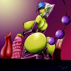 Rule 34 | 1girl, ass, breasts, colored skin, dildo, female focus, gradient background, green skin, huge ass, huge breasts, large breasts, looking back, multicolored hair, nipples, orc, sex toy, solo, two-tone hair, vem, warcraft, white hair, world of warcraft