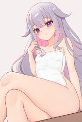 Rule 34 | 1girl, absurdres, blush, breasts, colored inner hair, crossed legs, grey hair, highres, hololive, hololive english, honon, jewel under eye, koseki bijou, long hair, looking at viewer, multicolored hair, naked towel, pink hair, purple eyes, simple background, small breasts, solo, towel, virtual youtuber