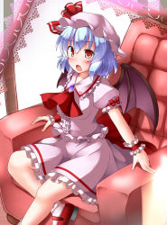 Rule 34 | 1girl, aka tawashi, arm garter, ascot, bat wings, blue hair, bow, brooch, commentary request, couch, crossed legs, hair between eyes, hat, hat ribbon, highres, jewelry, looking at viewer, mary janes, mob cap, open mouth, pink hat, pink shirt, pink skirt, puffy short sleeves, puffy sleeves, red bow, red eyes, red footwear, red ribbon, remilia scarlet, ribbon, shirt, shoes, short hair, short sleeves, sitting, skirt, solo, touhou, white legwear, wings, wrist cuffs