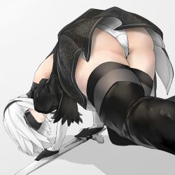 Rule 34 | 1girl, all fours, android, ass, backless dress, backless outfit, bakkanki, black dress, black footwear, black gloves, black hairband, black thighhighs, blindfold, boots, covered eyes, dress, feather-trimmed sleeves, gloves, hairband, juliet sleeves, leotard, long sleeves, looking back, nier (series), nier:automata, parted lips, puffy sleeves, short hair, solo, sword, thigh boots, thighhighs, thighhighs under boots, weapon, white hair, white leotard, 2b (nier:automata)