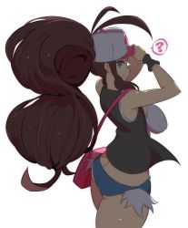 Rule 34 | !, 1girl, ass, bare shoulders, baseball cap, blue eyes, breasts, brown hair, creatures (company), denim, denim shorts, from behind, game freak, hat, highres, hilda (pokemon), huge ass, impossible clothes, impossible shirt, large breasts, long hair, looking at viewer, looking back, micro shorts, nac000, nintendo, pokemon, pokemon bw, ponytail, shirt, shorts, smile, solo, tank top, thick thighs, thighs, torn clothes, very long hair, white background, white shirt