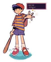 Rule 34 | 1boy, artist name, backpack, bag, baseball bat, baseball cap, black eyes, black hair, blue shorts, blunt bangs, child, closed mouth, commentary, cosplay, english commentary, english text, full body, hat, highres, holding, holding baseball bat, kageyama shigeo, kaogens, male focus, mob psycho 100, mother (game), mother 2, ness (mother 2), ness (mother 2) (cosplay), nintendo, outstretched arm, red footwear, red hat, shirt, shoes, short hair, shorts, simple background, sneakers, socks, solo, standing, striped clothes, striped shirt, white background, white socks