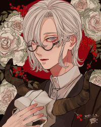 Rule 34 | 1boy, animal skull, black background, brown jacket, buttons, circle, closed mouth, collared shirt, constricted pupils, dated, flower, glasses, grey eyes, hair over one eye, highres, holding, holding skull, jacket, kagoya1219, looking at viewer, male focus, new year, original, red background, rose, round eyewear, semi-rimless eyewear, shirt, short hair, signature, skull, solo, straight hair, upper body, white flower, white hair, white rose, white shirt