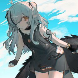 Rule 34 | 1girl, ahoge, arknights, black dress, black gloves, black hair, blue sky, brown eyes, closed mouth, cloud, collarbone, day, dress, gloves, grey hair, hair over one eye, highres, izumidexiaojuanmao, leaning forward, long hair, looking at viewer, multicolored hair, outdoors, partially fingerless gloves, pointy ears, sky, sleeveless, sleeveless dress, solo, streaked hair, tomimi (arknights), torn clothes, torn dress, two side up, very long hair