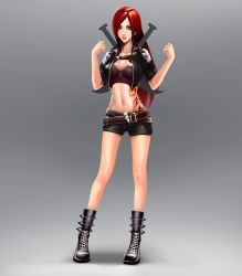 Rule 34 | 1girl, absurdres, adapted costume, because-k, belt, breasts, cleavage, dagger, full body, green eyes, highres, katarina (league of legends), knife, league of legends, long hair, midriff, navel, red hair, scar, shorts, solo, standing, weapon