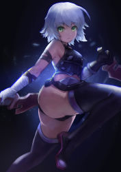 Rule 34 | 1girl, absurdres, arm belt, ass, backlighting, bandaged arm, bandages, bare shoulders, belt, black background, black footwear, black gloves, black panties, black shirt, boots, breasts, brown belt, closed mouth, dual wielding, expressionless, fate/apocrypha, fate (series), gloves, green eyes, halterneck, highres, holding, holding knife, holding weapon, jack the ripper (fate/apocrypha), knife, leg up, looking at viewer, luobo carrot, no scar, panties, reverse grip, shirt, short hair, sideboob, silver hair, single glove, sleeveless, sleeveless shirt, small breasts, solo, standing, standing on one leg, thigh boots, thighhighs, underwear, weapon