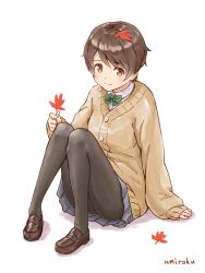 Rule 34 | 1girl, arm support, black pantyhose, blue skirt, blush, bow, bowtie, breasts, brown eyes, brown footwear, brown hair, buttons, cardigan, closed mouth, commentary request, dot nose, full body, green bow, green bowtie, holding, holding leaf, large breasts, leaf, long sleeves, looking at viewer, maple leaf, original, pantyhose, pleated skirt, shoes, short hair, signature, simple background, sitting, skirt, smile, solo, umiroku, white background