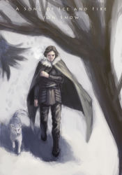Rule 34 | 1boy, a song of ice and fire, bad id, bad pixiv id, bare tree, black hair, breath, cape, ghost (a song of ice and fire), jon snow, male focus, pukun, snow, tree, wolf