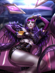 Rule 34 | 1girl, artist name, claws, cocktail glass, colored skin, commentary, cosplay, cup, detached sleeves, drinking glass, english commentary, evelynn (cosplay), evelynn (league of legends), eyewear on head, fur trim, glasses, high-waist skirt, highres, holding, holding cup, jewelry, k/da (league of legends), k/da evelynn, league of legends, liang xing, lips, long hair, looking at viewer, lying, midriff, necklace, nose, on back, overwatch, overwatch 1, patreon username, purple hair, purple skin, signature, skirt, solo, widowmaker (overwatch)