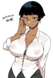 Rule 34 | 1girl, adjusting eyewear, black eyes, black hair, blunt bangs, bob cut, breasts, cleavage, collarbone, collared shirt, covered erect nipples, dark-skinned female, dark skin, dated, earrings, egyptian, glasses, jewelry, large breasts, looking at viewer, nail polish, nefertari (tsukudani), no bra, original, partially unbuttoned, pyramid (structure), shirt, short hair, signature, simple background, smile, solo, tight clothes, tight shirt, tsukudani (coke-buta), very short hair, white background