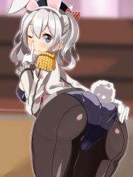Rule 34 | 10s, 1girl, adapted costume, animal ears, ass, back-seamed legwear, bad id, bad pixiv id, blue eyes, rabbit ears, rabbit tail, fake animal ears, from behind, gloves, hairband, highres, kantai collection, kashima (kancolle), one eye closed, pantyhose, playboy bunny, seamed legwear, silver hair, smile, solo, tail, twintails, uni mmtab, uniform, wavy hair