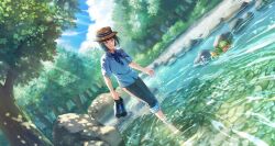 Rule 34 | 1boy, barefoot, blue eyes, bottle, can, food, forest, fruit, hat, highres, holding, holding shoes, idolmaster, idolmaster side-m, idolmaster side-m growing stars, kagura rei, male focus, nature, official art, outdoors, shirt, shoes, short sleeves, smile, soaking feet, third-party source, toenails, toes, watermelon