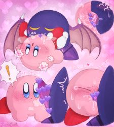 Rule 34 | !, 1boy, 1girl, :o, ^^^, artist name, bat wings, blue eyes, blush, censored, clitoris, colored skin, cunnilingus, erection, closed eyes, fellatio, foot grab, gloves, heart, heart background, heart censor, heavy breathing, japanese text, kirby, kirby (series), licking, lying, meta knight, mittens, moaning, motion lines, multiple views, nintendo, no humans, no mask, on back, open mouth, oral, penis, pervoborb, pink background, pointless censoring, purple footwear, pussy, pussy juice, steam, surprised, sweat, tongue, translated, trembling, wings