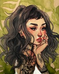 Rule 34 | 1girl, arm tattoo, black hair, brown eyes, commentary, english commentary, eyelashes, hand to own mouth, highres, jacquelin de leon, lips, long hair, original, parted lips, red lips, shoulder tattoo, solo, tattoo, teeth