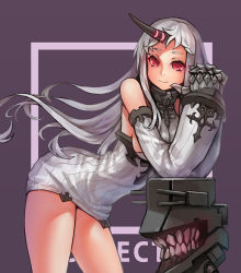 Rule 34 | 10s, 1girl, abyssal ship, bad id, bad pixiv id, bare shoulders, breasts, dress, felix (felix901123), female focus, horns, kantai collection, large breasts, long hair, looking at viewer, purple background, red eyes, ribbed dress, seaport princess, short dress, single horn, smile, solo, sweater, sweater dress, white hair