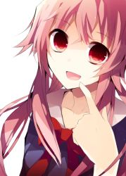 Rule 34 | 1girl, finger to face, finger to mouth, gasai yuno, long hair, mii0617, mirai nikki, open mouth, pink eyes, pink hair, ribbon, sailor collar, school uniform, simple background, smile, solo, twintails, upper body, white background