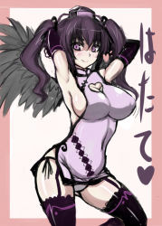 Rule 34 | 1girl, adjusting hair, alternate costume, arms up, black thighhighs, black wings, breasts, brown hair, chinese clothes, cleavage cutout, clothing cutout, covered erect nipples, dress, elbow gloves, female focus, garter belt, garter straps, gloves, hat, heart, heart cutout, himekaidou hatate, impossible clothes, impossible dress, jema, large breasts, legs, long hair, no bra, panties, pink eyes, side-tie panties, side slit, sideboob, simple background, sketch, smile, solo, thighhighs, thighs, tokin hat, touhou, twintails, underwear, wings
