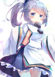 Rule 34 | 1girl, absurdres, blue eyes, blue hat, blush, breasts, closed mouth, commentary request, cowboy shot, hat, highres, japanese clothes, kanzakietc, kariginu, mononobe no futo, one-hour drawing challenge, petticoat, pom pom (clothes), ponytail, sideboob, silver hair, simple background, sleeves past fingers, sleeves past wrists, small breasts, smile, solo, standing, tate eboshi, touhou, v-shaped eyebrows, white background
