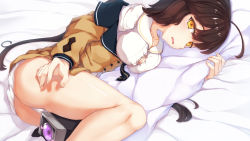 Rule 34 | 1girl, ahoge, ass, bare legs, bed, bed sheet, between legs, blush, breasts, brown hair, buttons, cleavage, unworn clothes, collarbone, commentary request, girls&#039; frontline, half-closed eyes, highres, hinoka (allen), holding, holding pillow, jacket, long hair, looking at viewer, lying, m14 (girls&#039; frontline), medium breasts, no bra, off shoulder, on side, open mouth, panties, pantyshot, pillow, revision, ribbon, shiny skin, shirt, skirt, thighs, tsurime, twintails, underwear, white panties, white shirt, yellow eyes