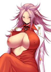 Rule 34 | 10s, 1girl, blush, breasts, breasts out, covered erect nipples, curvy, hakai shin, highres, jun&#039;you (kancolle), kantai collection, large breasts, long hair, nipples, open clothes, pink eyes, pink hair, sitting, smile, white background