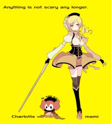 Rule 34 | 10s, 1girl, beret, blonde hair, boots, bow, character name, charlotte (madoka magica), corset, detached sleeves, dress, drill hair, english text, engrish text, full body, gloves, hat, highres, knee boots, mahou shoujo madoka magica, mahou shoujo madoka magica (anime), masaki (ngayope), ngayope, puffy sleeves, ranguage, ribbon, short hair, short ponytail, simple background, smile, striped clothes, striped thighhighs, thighhighs, thighhighs under boots, tomoe mami, vertical-striped clothes, vertical-striped thighhighs, weapon, yellow eyes, yellow theme