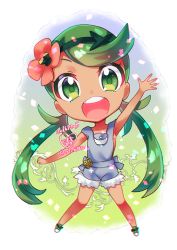 Rule 34 | 1girl, armpits, chibi, clenched hand, collarbone, commentary request, creatures (company), dark-skinned female, dark skin, dated, flower, full body, game freak, gradient background, green eyes, green footwear, green hair, green hairband, hair flower, hair ornament, hairband, hand up, heart, long hair, looking at viewer, mallow (pokemon), nintendo, open mouth, overalls, pink shirt, plant, pokemon, pokemon sm, shirt, shoes, signature, sleeveless, sleeveless shirt, smile, solo, standing, strapless, swept bangs, teeth, trial captain, tube top, twintails, two-tone background, vines, yoisho (hami)