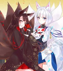 Rule 34 | 2girls, akagi (azur lane), animal ear fluff, animal ears, azur lane, bad id, bad pixiv id, black hair, blue eyes, blue skirt, blunt bangs, blush, breasts, brown hair, choker, cleavage, closed mouth, eyeshadow, fox ears, fox tail, gloves, hand on own hip, head tilt, highres, holding, honeycomb (pattern), honeycomb background, japanese clothes, kaga (azur lane), large breasts, long hair, looking at viewer, makeup, mask, misaki (pixiv30645085), multiple girls, multiple tails, parted lips, partially fingerless gloves, pleated skirt, red eyes, red skirt, rigging, shikigami, short hair, skirt, smile, tail, tareme, tassel, thighs, white hair, wide sleeves